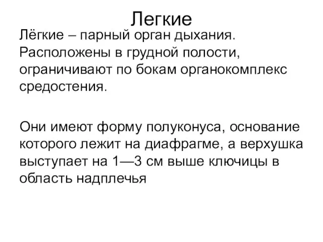 Легкие Лёгкие – парный орган дыхания. Расположены в грудной полости, ограничивают