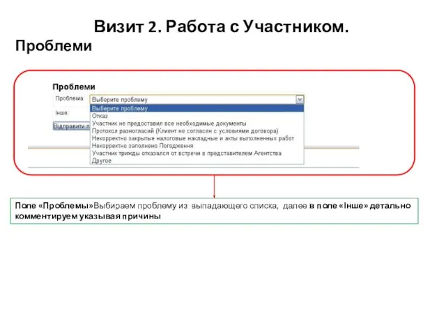 Поле «Проблемы»Выбираем проблему из выпадающего списка, далее в поле «Інше» детально