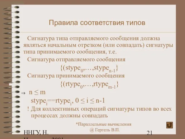 ННГУ, Н.Новгород, 2001 Правила соответствия типов Сигнатура типа отправляемого сообщения должна