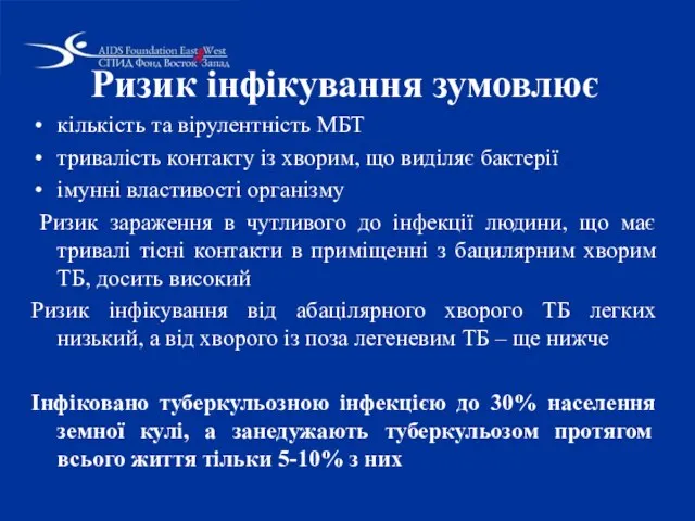 Ризик інфікування зумовлює кількість та вірулентність МБТ тривалість контакту із хворим,