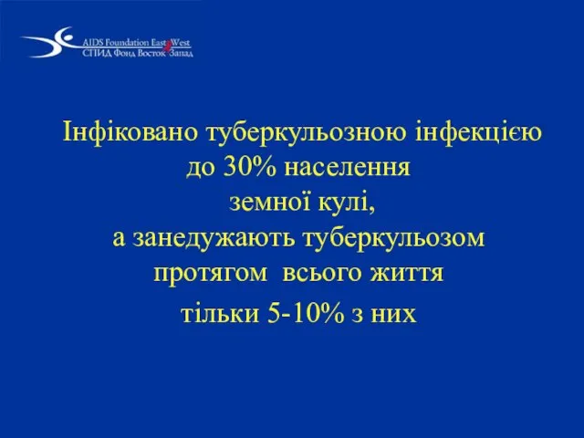 Інфіковано туберкульозною інфекцією до 30% населення земної кулі, а занедужають туберкульозом