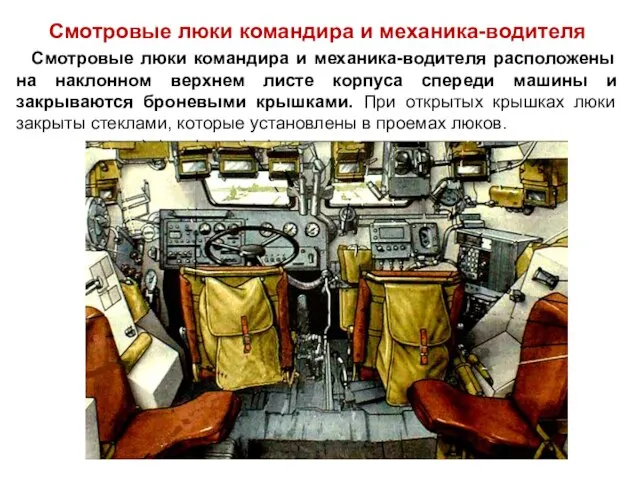 Смотровые люки командира и механика-водителя Смотровые люки командира и механика-водителя расположены
