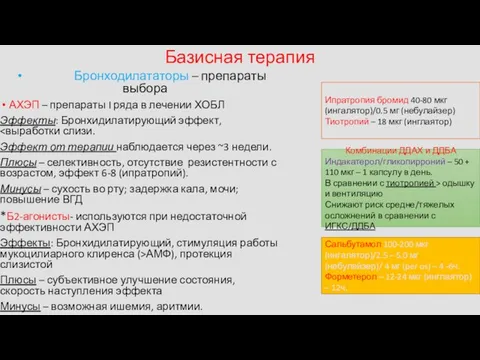 Базисная терапия Бронходилататоры – препараты выбора АХЭП – препараты I ряда