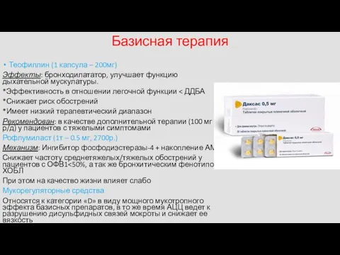 Базисная терапия Теофиллин (1 капсула – 200мг) Эффекты: бронходилататор, улучшает функцию