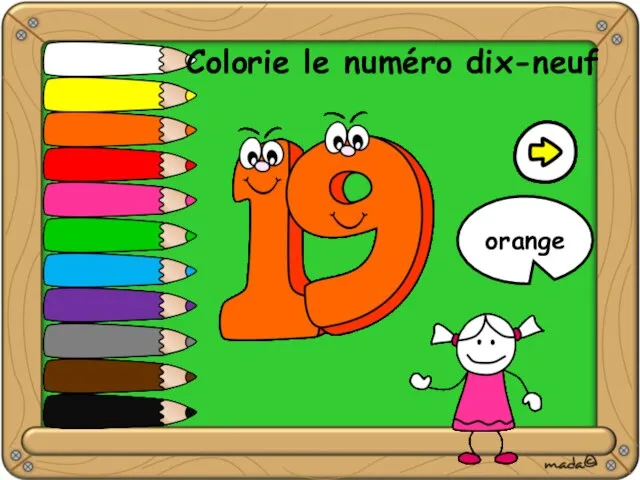 Colorie le numéro dix-neuf orange