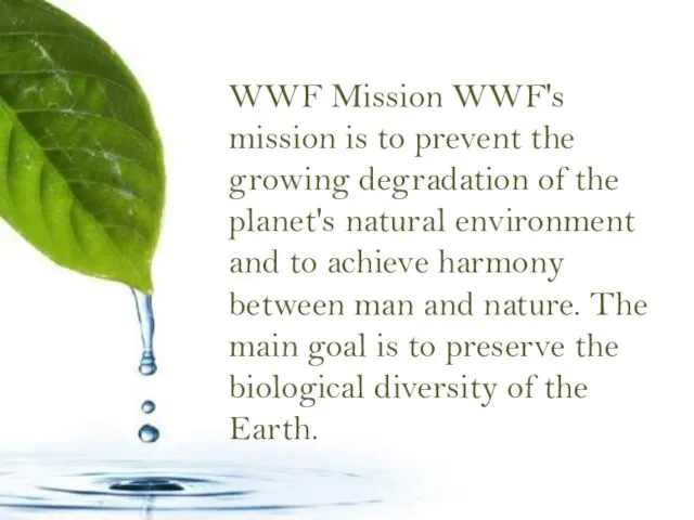 WWF Mission WWF's mission is to prevent the growing degradation of