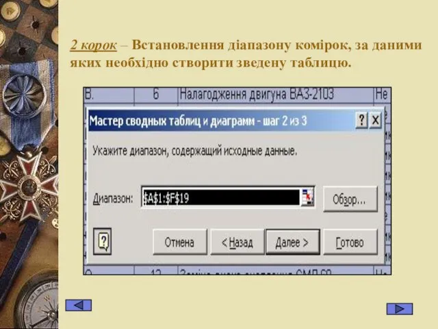 2 корок – Встановлення діапазону комірок, за даними яких необхідно створити зведену таблицю.