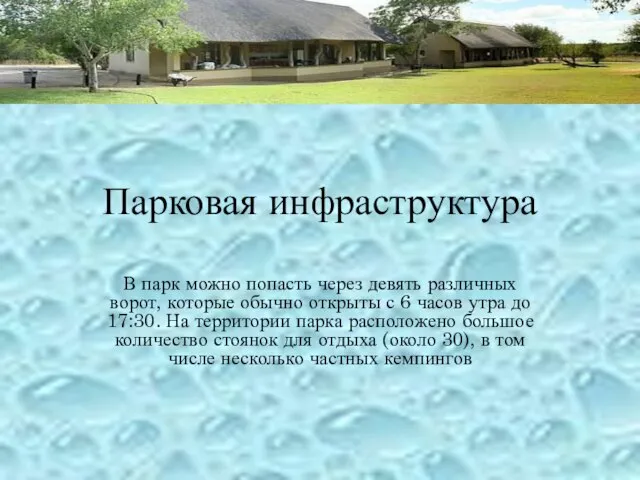 Парковая инфраструктура В парк можно попасть через девять различных ворот, которые