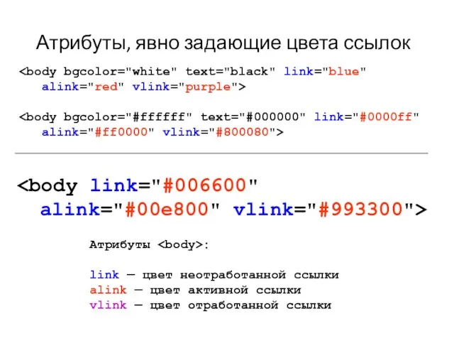 Атрибуты, явно задающие цвета ссылок Атрибуты : link — цвет неотработанной