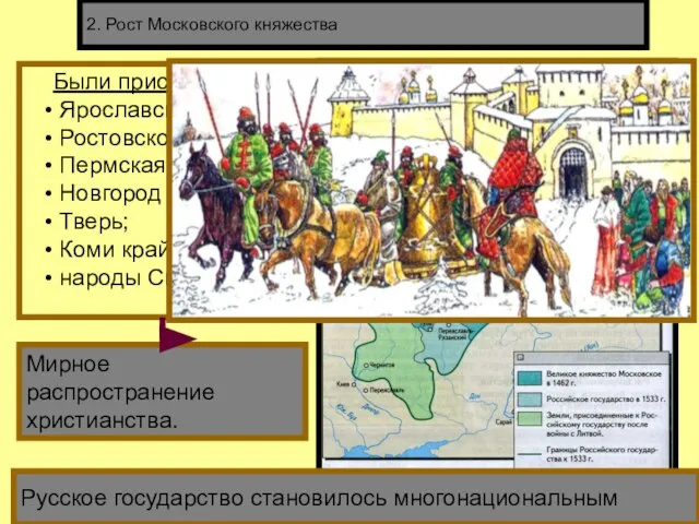 2. Рост Московского княжества Были присоединены: Ярославское кн.; Ростовское кн.; Пермская