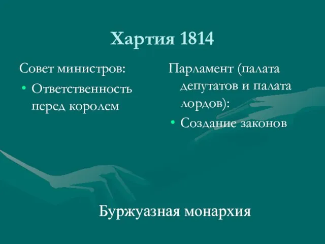 Хартия 1814 Совет министров: Ответственность перед королем Парламент (палата депутатов и