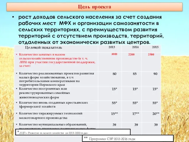 рост доходов сельского населения за счет создания рабочих мест МФХ и