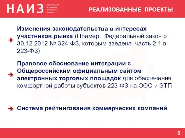 РЕАЛИЗОВАННЫЕ ПРОЕКТЫ Изменения законодательства в интересах участников рынка (Пример: Федеральный закон