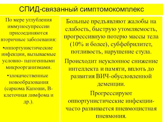 СПИД-связанный симптомокомплекс По мере углубления иммуносупрессии присоединяются вторичные заболевания: оппортунистические инфекции,