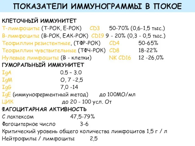 ПОКАЗАТЕЛИ ИММУНОГРАММЫ В ПОКОЕ КЛЕТОЧНЫЙ ИММУНИТЕТ Т-лимфоциты (Т-РОК, Е-РОК) CD3 50-70%