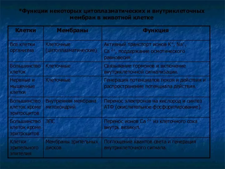 *Функции некоторых цитоплазматических и внутриклеточных мембран в животной клетке