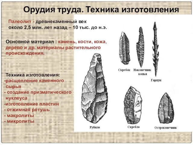 Орудия труда. Техника изготовления Палеолит - древнекаменный век около 2,5 млн.