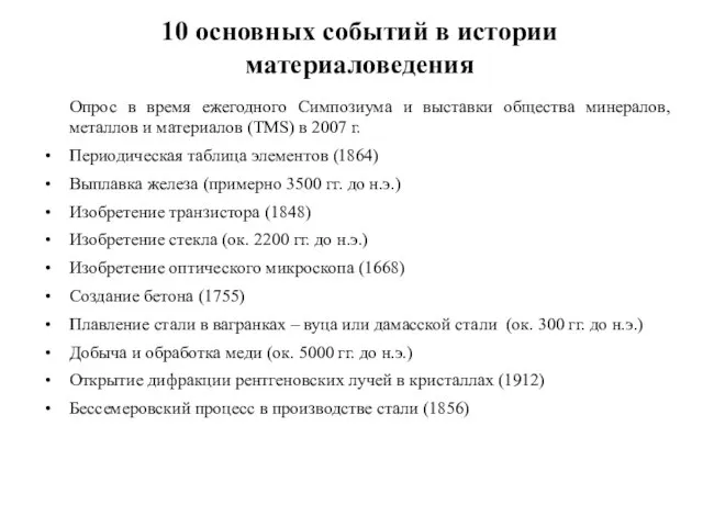 10 основных событий в истории материаловедения Опрос в время ежегодного Симпозиума