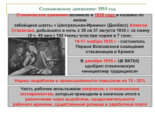 Стахановское движение: 1935 год Стахановское движение возникло в 1935 году и