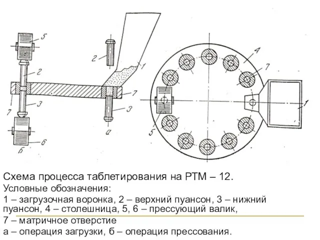 Схема процесса таблетирования на РТМ – 12. Условные обозначения: 1 –