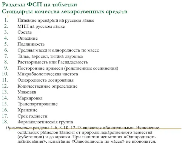 Разделы ФСП на таблетки Стандарты качества лекарственных средств Название препарата на