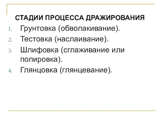 СТАДИИ ПРОЦЕССА ДРАЖИРОВАНИЯ Грунтовка (обволакивание). Тестовка (наслаивание). Шлифовка (сглаживание или полировка). Глянцовка (глянцевание).