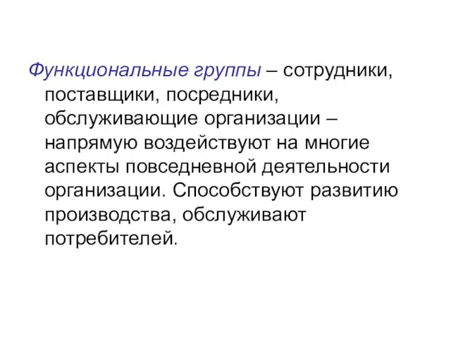 Функциональные группы – сотрудники, поставщики, посредники, обслуживающие организации – напрямую воздействуют