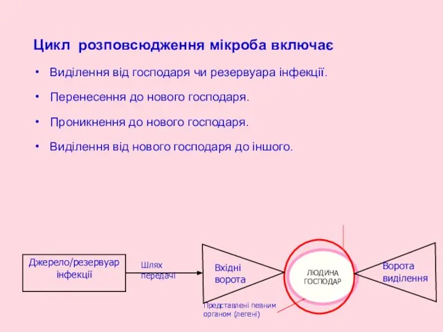 Цикл розповсюдження мікроба включає Виділення від господаря чи резервуара інфекції. Перенесення