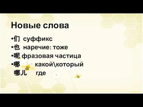 Новые слова 们 суффикс 也 наречие: тоже 呢 фразовая частица 哪 какой\который 哪儿 где