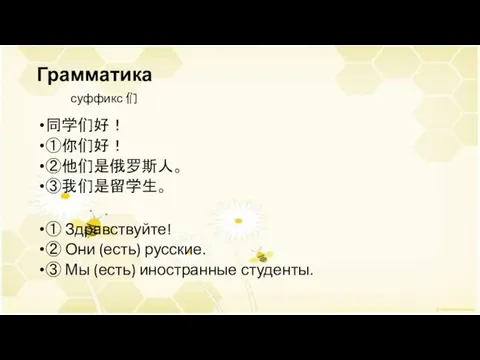 Грамматика суффикс 们 同学们好！ ①你们好！ ②他们是俄罗斯人。 ③我们是留学生。 ① Здравствуйте! ② Они