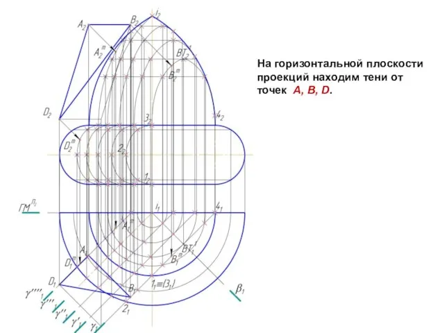 На горизонтальной плоскости проекций находим тени от точек A, B, D.