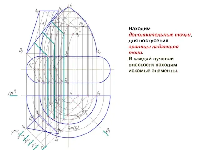 Находим дополнительные точки, для построения границы падающей тени. В каждой лучевой плоскости находим искомые элементы.