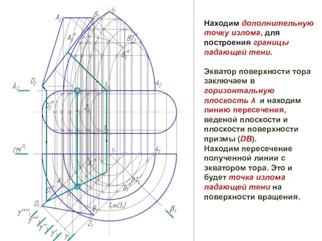 Находим дополнительную точку излома, для построения границы падающей тени. Экватор поверхности