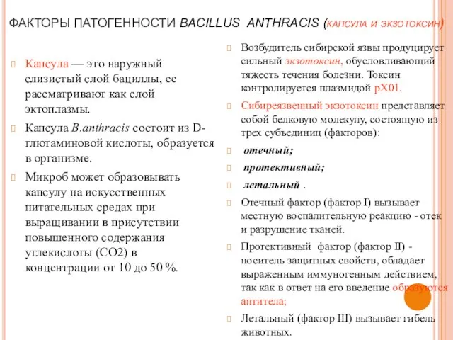 ФАКТОРЫ ПАТОГЕННОСТИ BACILLUS ANTHRACIS (капсула и экзотоксин) Капсула — это наружный