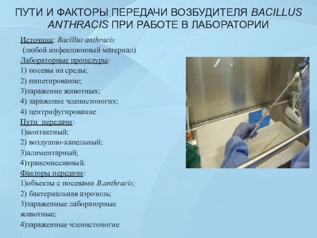 ПУТИ И ФАКТОРЫ ПЕРЕДАЧИ ВОЗБУДИТЕЛЯ BACILLUS ANTHRACIS ПРИ РАБОТЕ В ЛАБОРАТОРИИ