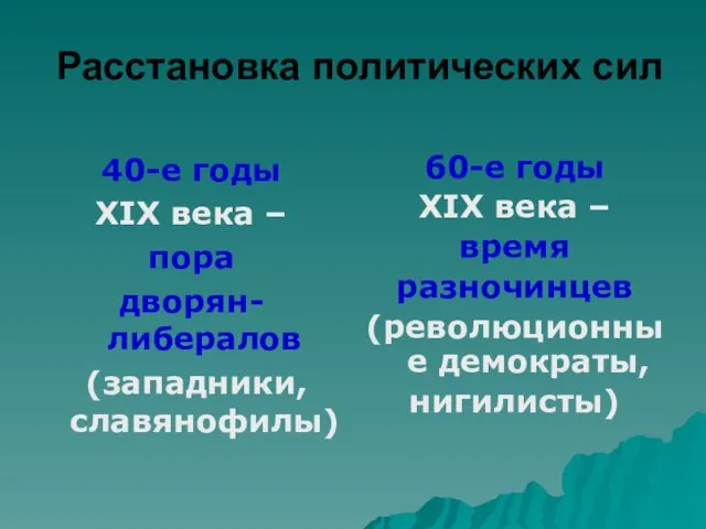 Расстановка политических сил 40-е годы XIX века – пора дворян-либералов (западники,