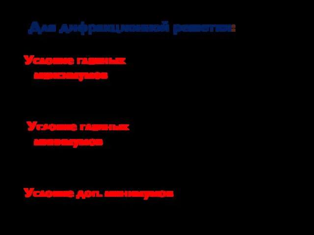 Для дифракционной решетки: Условие главных максимумов Условие главных минимумов Условие доп.