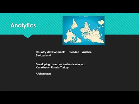 Analytics Country development: Sweden Austria Switzerland Developing countries and undeveloped: Kazakhstan Russia Turkey Afghanistan