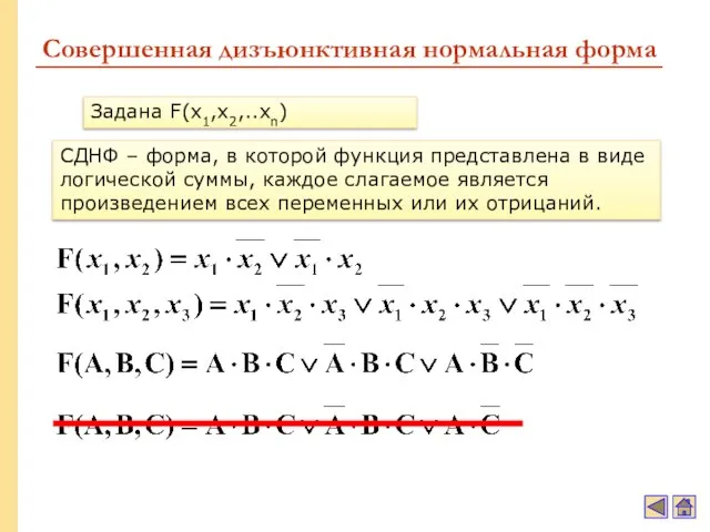 Совершенная дизъюнктивная нормальная форма СДНФ – форма, в которой функция представлена