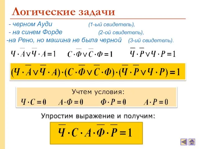 Логические задачи - черном Ауди (1-ый свидетель), - на синем Форде