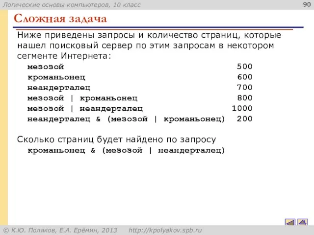 Сложная задача Ниже приведены запросы и количество страниц, которые нашел поисковый