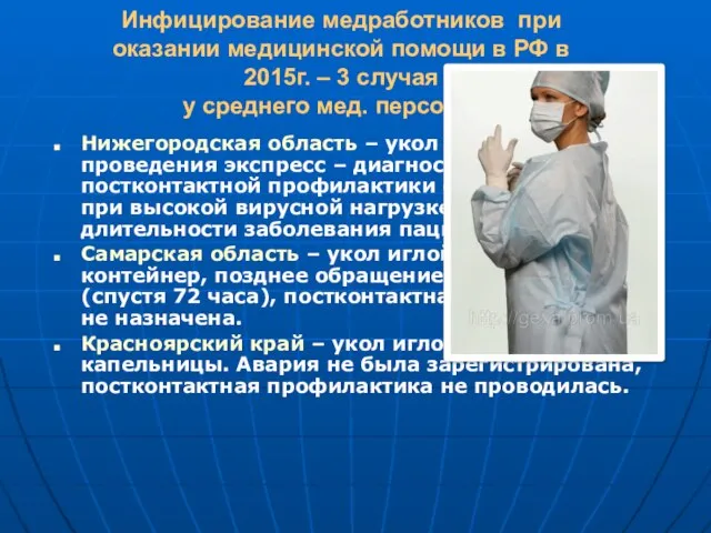 Инфицирование медработников при оказании медицинской помощи в РФ в 2015г. –