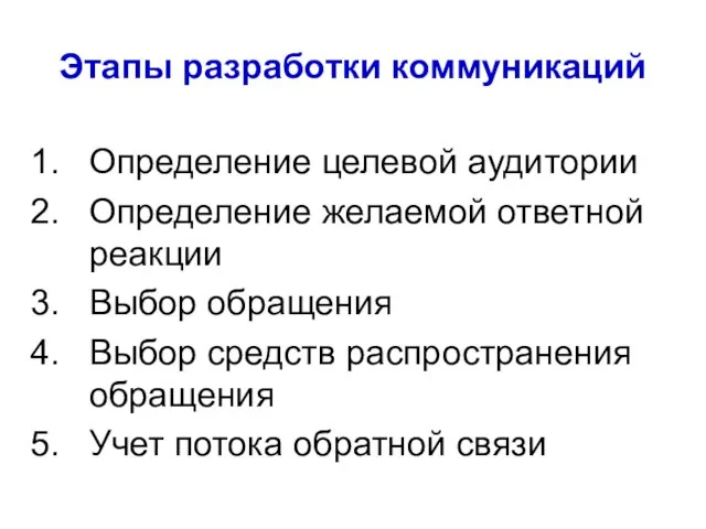 Этапы разработки коммуникаций Определение целевой аудитории Определение желаемой ответной реакции Выбор