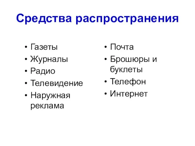 Средства распространения Газеты Журналы Радио Телевидение Наружная реклама Почта Брошюры и буклеты Телефон Интернет