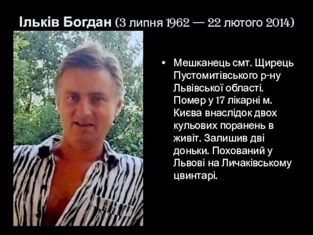 Ільків Богдан (3 липня 1962 — 22 лютого 2014) Мешканець смт.
