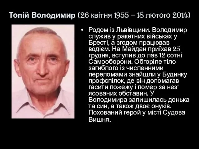 Топій Володимир (26 квітня 1955 – 18 лютого 2014) Родом із