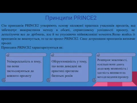 Принципи PRINCE2 Сім принципів PRINCE2 утворюють основу належної практики учасників проектів,