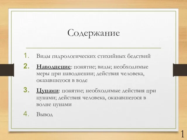 Содержание Виды гидрологических стихийных бедствий Наводнение: понятие; виды; необходимые меры при