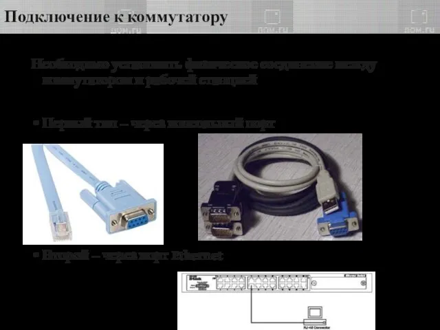 Подключение к коммутатору Необходимо установить физическое соединение между коммутатором и рабочей