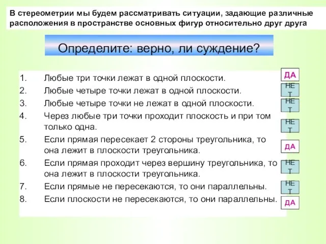 Любые три точки лежат в одной плоскости. Любые четыре точки лежат